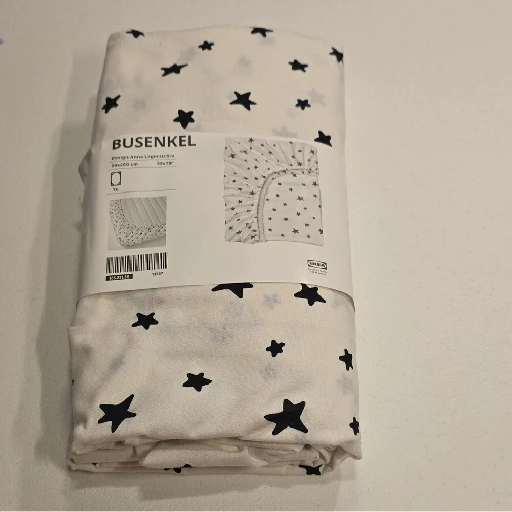 IKEA BUSENKEL Fitted Sheet 90x200 cm White/Black Star Print 100% Cotton